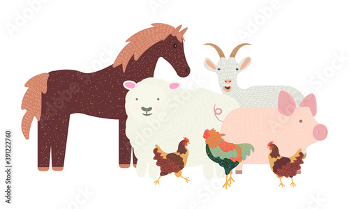 group of farm animals isolated on white background