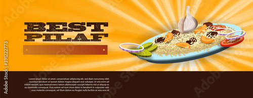 Banner for an Asian restaurant. Plate with pilaf on a glowing yellow background