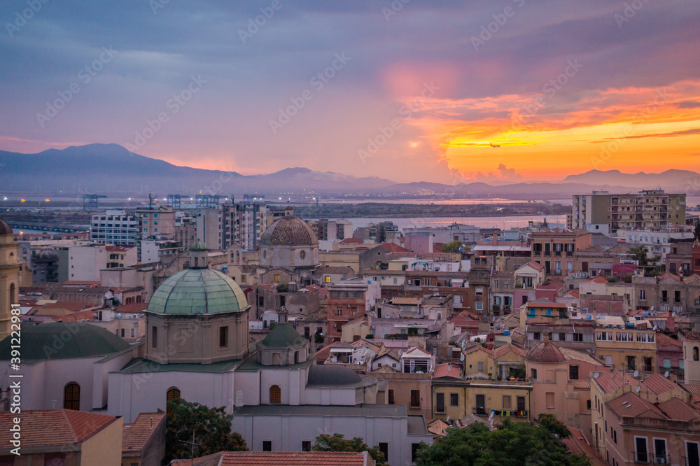 Cagliari Castello sunset, evening panorama of the old city center in Sardinia Capital