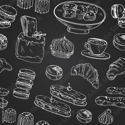 French sweets Vector seamless pattern with food and drink hand drawn doodles. Vector illustration