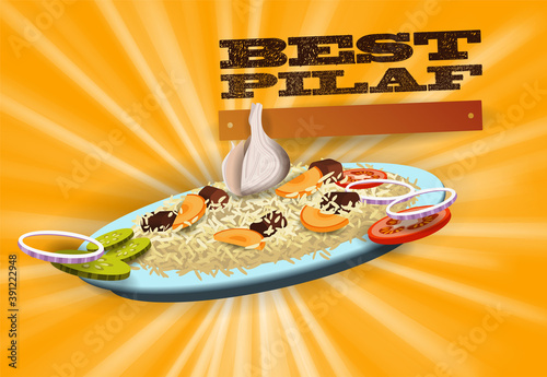Plate with pilaf on a glowing yellow background