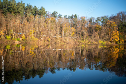 Beautiful serene reflection of an Autumn woodland scene in a clear blue lake.