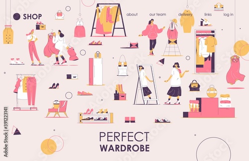Landing page with small people and dressing room elements in pink and yellow. Outline drawing style with clothes and hangers