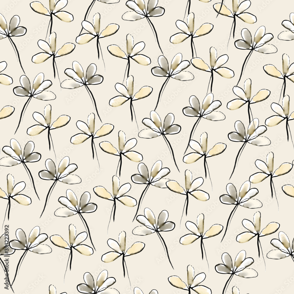 seamless hand draw pattern background with monochrome flower from watercolour