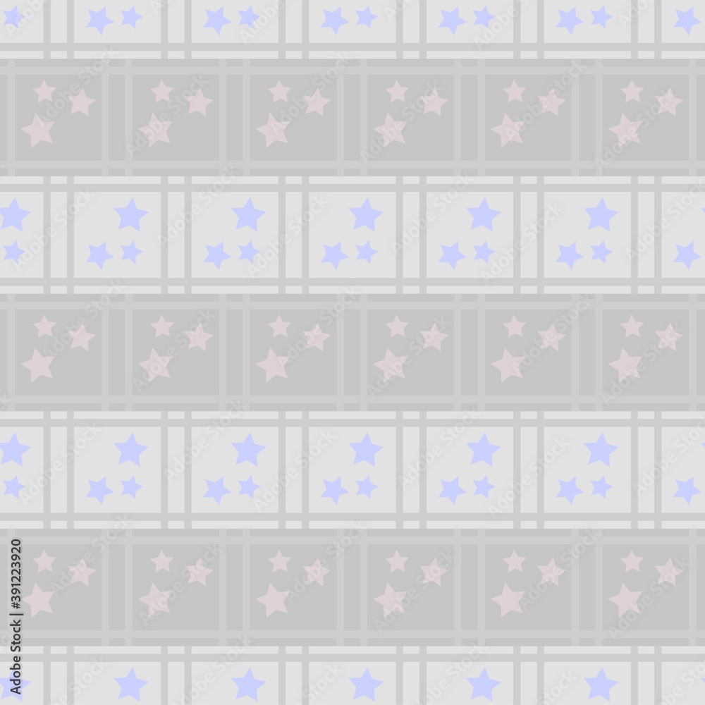 New Year's winter geometric pattern with squares, blue and gray stars in gray and lilac shades