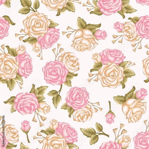 Seamless pattern pink and white roses. Vintage floral background. Vector illustration - Vector