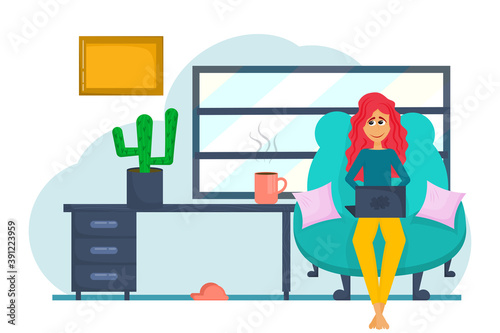 A freelancer girl works remotely on a laptop, against the background of a window with coffee and Slippers. Concept of freelance work, thoughtful girl. Vector illustration..