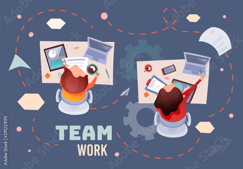 Office table top view of woman and man working in office. Teamwork concept. Cup of coffee, clipboard, laptops, smartphone on table. Team work text with line. Workspace for business analytics process