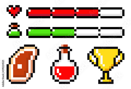 Set of piece of meat, poison, cup winner, life and magic force lines. Pixel elements, 8bit objects. Symbols for mobile, computer game, videogame of 80s isolated at white background. Pixel game design