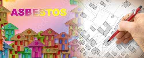 Asbestos, one of the most dangerous construction materials in our buildings - concept image against an imaginary city map