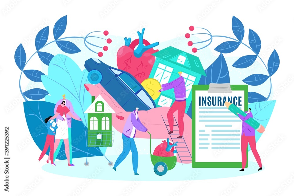 Life and property protection insurance care, people with house vector illustration. Safety concept for flat family home, business security policy. Protect health in large agent hand symbol. Life and property protection insurance care, people with house vector illustration. Safety concept for flat family home, business security policy. Protect health in large agent hand symbol.