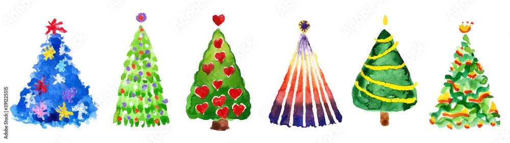 Hand drawn watercolor doodle christmas tree set. Colorful holiday trees. New year xmas symbol. Simple artistic stroke. Many group silhouette decor icons isolated on white background. Vector clipart.