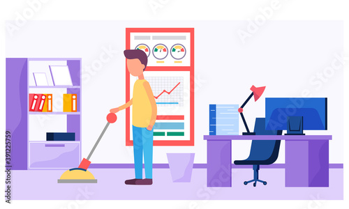 Businessman pushing lever arm and making mechanism, working in office with table and computer. Business concept illustration. Launch and implementation of a new business idea. Management, success idea