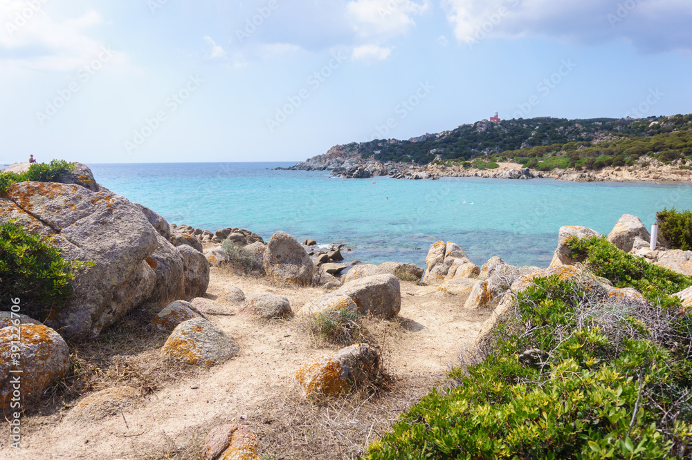 Cala Cipolla beach with clear turquoise water near Chia, Sardinia island, Italy