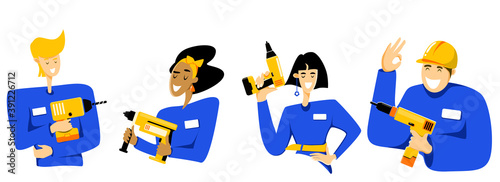 set of flat illustration of workers with tools for repair