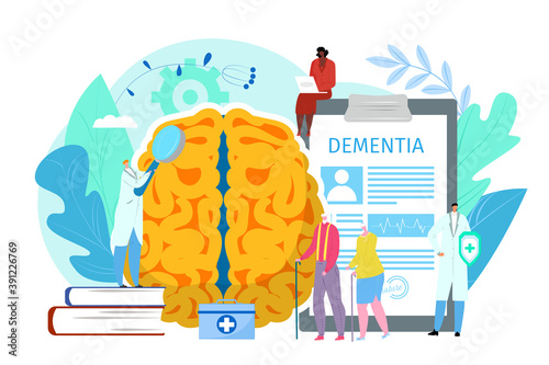 Alzheimer brain disease, old man woman character with dementia vector illustration. Medical help for senior, elderly person health care with medicine. Cartoon patient and doctor character.