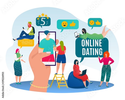 Dating online by smartphone app, vector illustration. People man woman character hold mobile phone with love social media. Network chat technology to start relationship in internet.