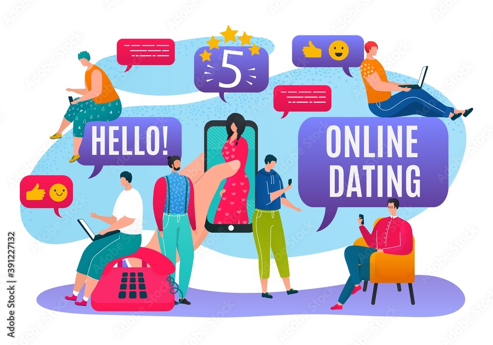 Dating online in mobile social media, people character use smartphone network chat vector illustration. Flat man woman fall in love with technology app. Internet web communication with message.