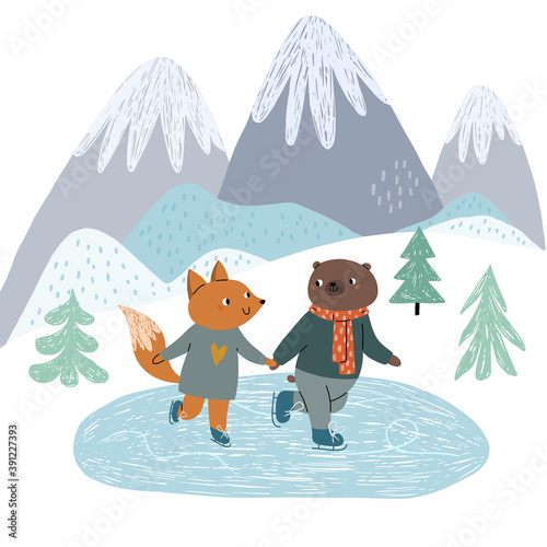 Cute fox and bear friends are skating on the ice, on the rink. Against the background of the mountains. Winter illustration for children in a Scandinavian style.