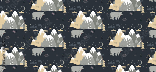 Seamless pattern with bear, mountains, trees, clouds, snow, and house. Hand drawn winter illustration in Scandinavian style for kids. For textiles, postcards, baby shower, babywear, nursery.