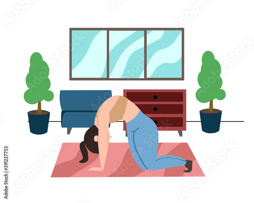 The mother is on all fours, the woman is doing relaxing back exercises in the living room, practicing yoga. Calm parent, angry cat. Plot of a vector illustration