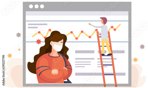 Masked girl on poster with graph background with text and images of viruses. Picture of a man draws a graph during the quarantine. Preventing the spread of a disease. Coronavirus quarantine conditions