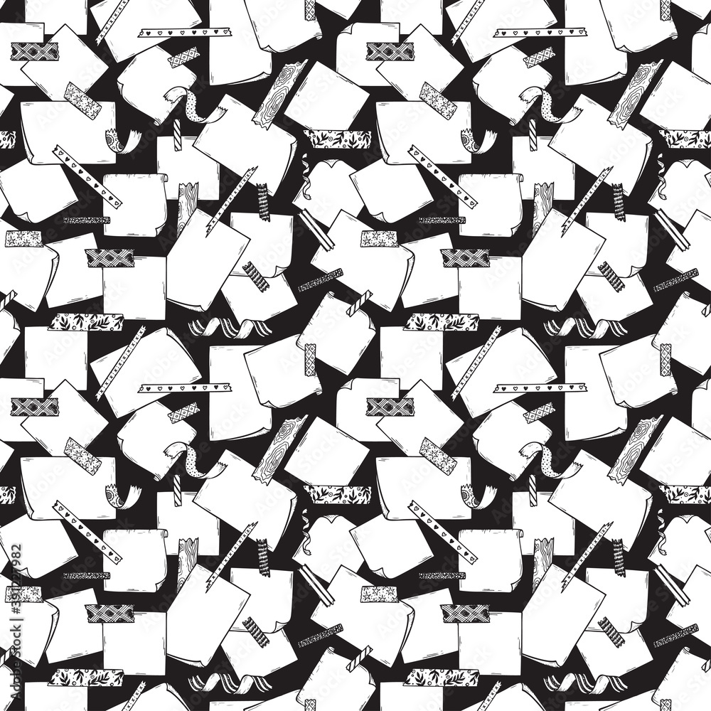 Note Paper and Strips of Masking Tape Seamless pattern. Hand Drawn Doodle Sticky tape with Note Paper. Black and white Vector background Note Paper and Strips of Masking Tape Seamless pattern. Hand Drawn Doodle Sticky tape with Note Paper. Black and white Vector background