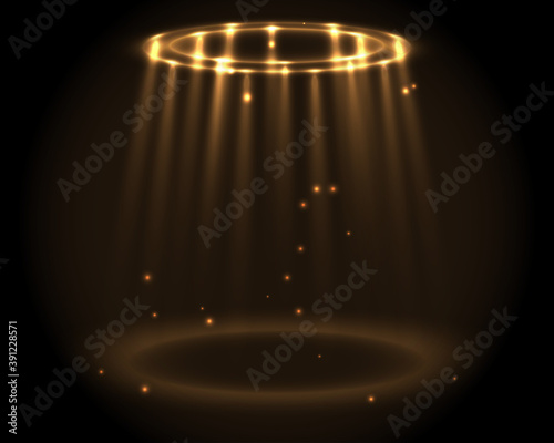 Round golden glow rays night scene with sparks on dark background. Empty light effect podium. Disco club dance floor. Show party lamp. Ufo portal beam stage