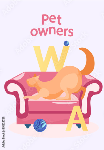 Ginger kitten sitting on the armchair near the letter of the English alphabet vector illustration in pastel colours. Pet owners cute banner with lettering. Love for cats, positivity domestic animals