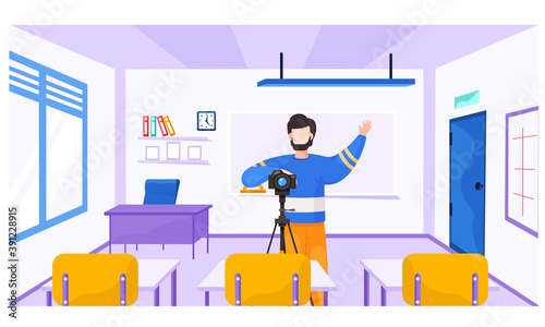 Photographer with a camera takes pictures of pupils. Lesson in photographic art. Guy with a camera on a tripod raises left his right hand. Cameraman asks the students to ger ready for shooting