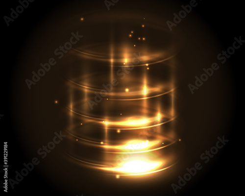 Round glow golden rings futuristic teleport with sparks on dark background. Empty light effect podium. Show party. Beam stage. Magic fantasy portal. Night scene