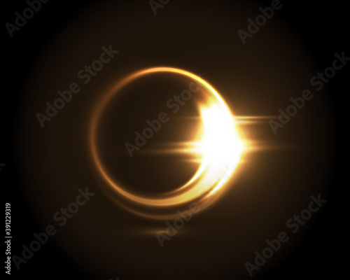 Circular lens flare golden light effect. Abstract ellipse yellow luxury shining rotational glow line. Power energy element. Glowing ring trace background. Round shiny vector circle swirl trail