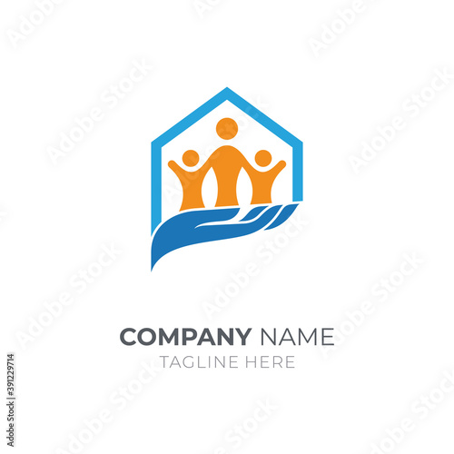 Human protect care logo. Peoples at home logo vector. Hand families house icon