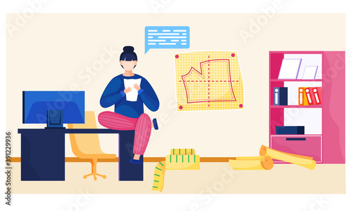 Cloth planning. Preparation for tailoring and sewing. Fashion designersits with a sheet of paper and comes up with a design, measurements. A pattern on the background. Working day in the office