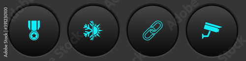Set Medal with star, Sun and snowflake, Chain link and Security camera icon. Vector.