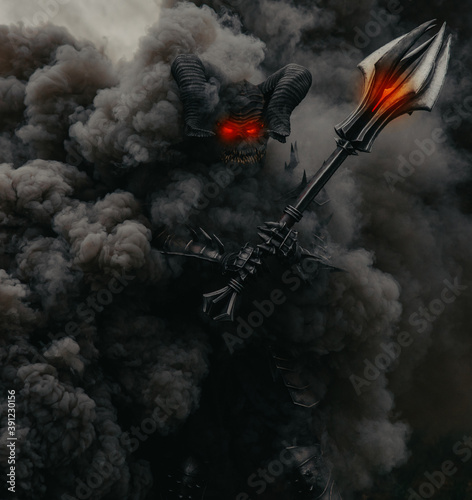 Mutant warrior stands and holds mace against a background of black smoke Fototapet