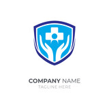 Human medical protect care logo. Hand shield health logo design