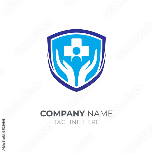 Human medical protect care logo. Hand shield health logo design