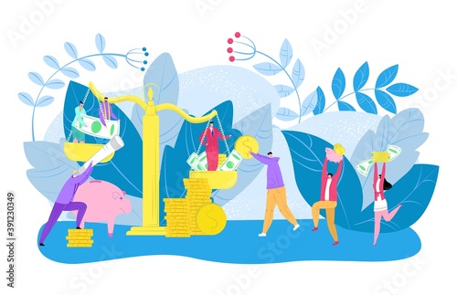 Business, social and finance people gap, vector illustration. Man woman inequality, poor and rich person with coin salary. Job career discrimination concept, employee at cartoon scales.