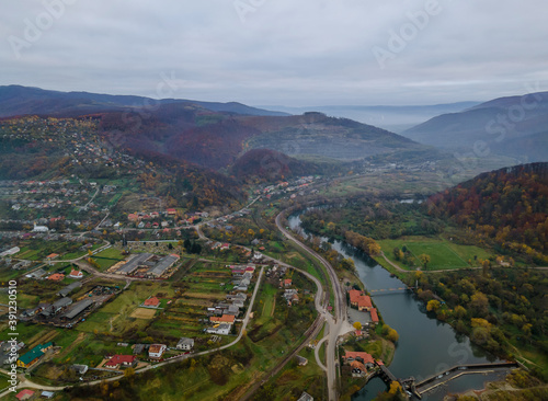 Aerial view of landscape with little villages fields mountains Carpathians
