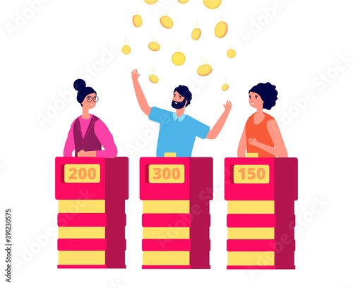 Tv show winner. Trivia quiz game program, isolated player competition. Flat young man under money rain. Contest guessing vector concept. Illustration tv game quiz competition