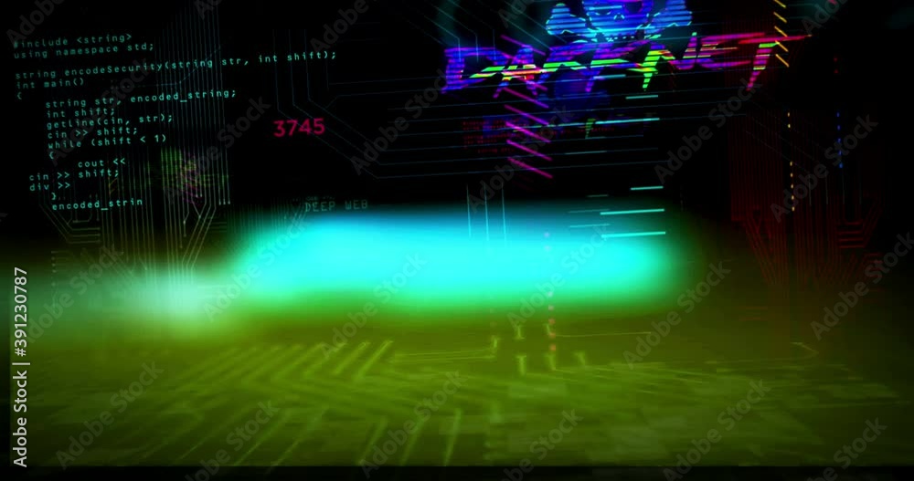 Darknet futuristic cyberpunk style loop animation. Seamless loopable flight through the virtual city. Modern abstract 3d rendering intro. Cyber crime, darkweb, piracy, illegal network, hacking and the