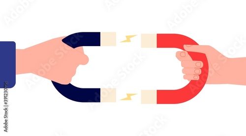 Hands holding magnet. Business attractive, man and woman attraction metaphor. Retention clients, tension between people vector illustration. Attract and force, attraction energy magnetic power