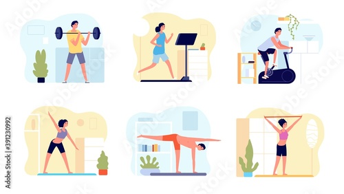 Home training. Man activity, practicing exercise pilates fitness for body. People morning yoga and workout, healthy lifestyle vector set. Training home, practice body and fitness sport illustration