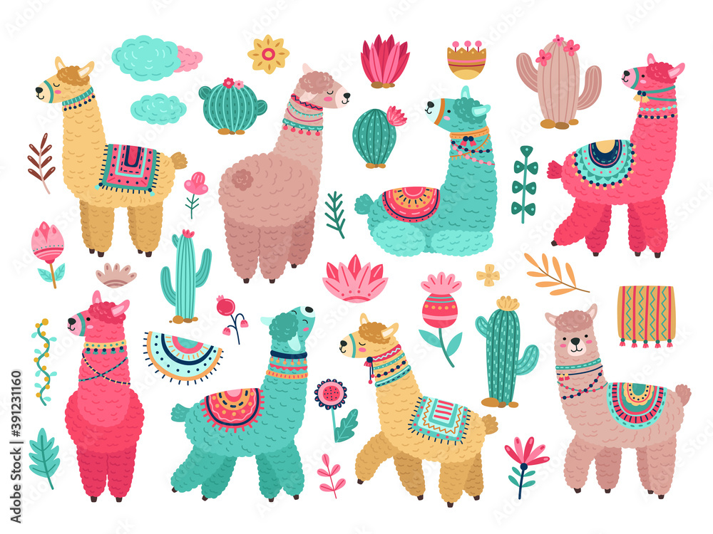Fototapeta premium Llama with cactus. Cute alpaca, baby llamas flower and art floral objects. Isolated wild animal kid stickers, cuteness elements vector set. Llama and alpaca, animal and flower colored illustration