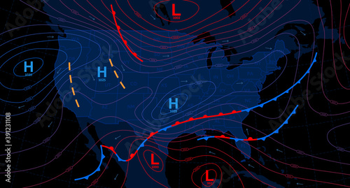 Weather forecast map. Meteorological concept on dark backgrounds. Vector illustration.