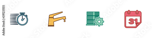 Set Stopwatch, Water tap, Server setting and Calendar icon. Vector.