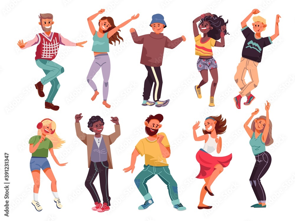 Dancing people. Happy cartoon teens, young modern person dance. Fun music party, isolated group of adult friend celebrate fest vector set. Dance girl and boy together, excited activity illustration Dancing people. Happy cartoon teens, young modern person dance. Fun music party, isolated group of adult friend celebrate fest vector set. Dance girl and boy together, excited activity illustration