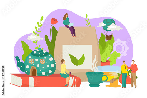 Tea drink break concept, vector illustration. Cartoon man woman people charac...