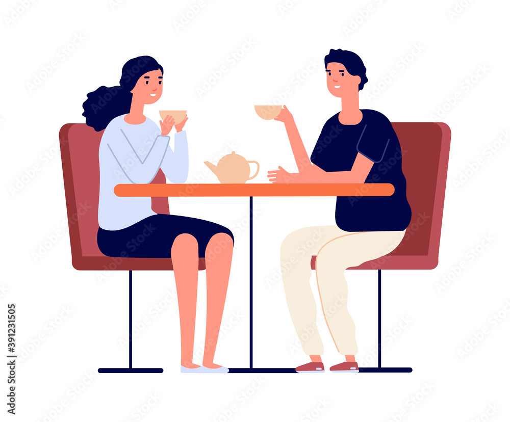 Couple on dating. Man woman drink tea and conversation. Friends meeting, girl boy in love in cafe or restaurant isolated vector characters. Illustration dating and conversation woman and man with tea